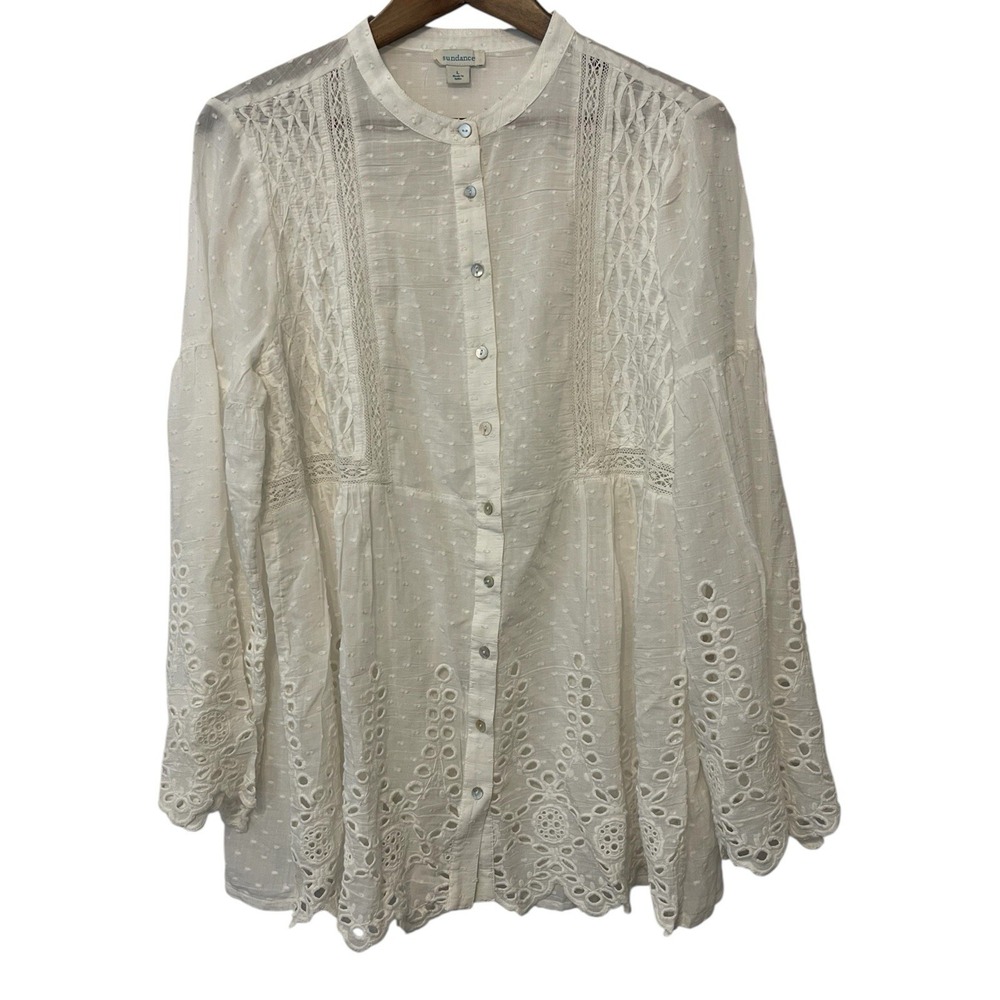 Sundance Women's Swiss Dot And Lace Long Sleeve White Eyelet Top Size L Western